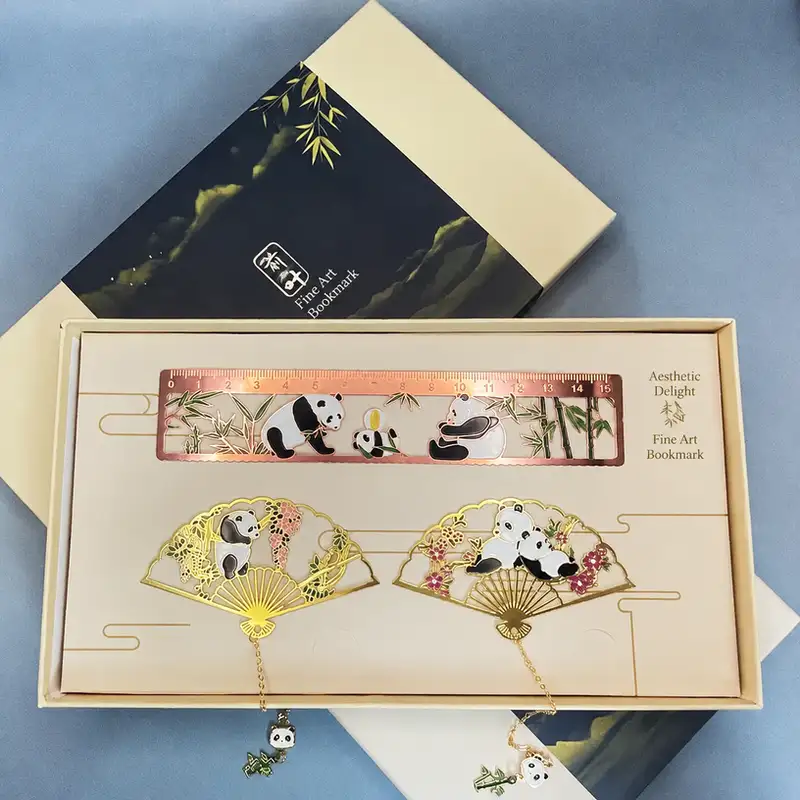Panda Folding Fan Metal Ruler Bookmark
