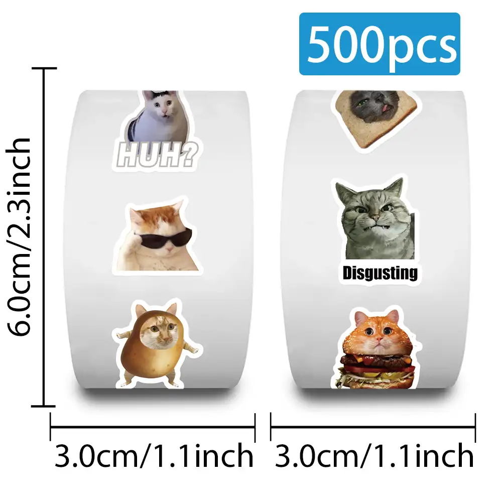 Funny Cat Cartoon Sticker Roll, 500 Pieces