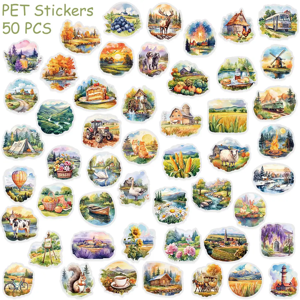 50-Piece Transparent Pastoral Oil Painting Stickers
