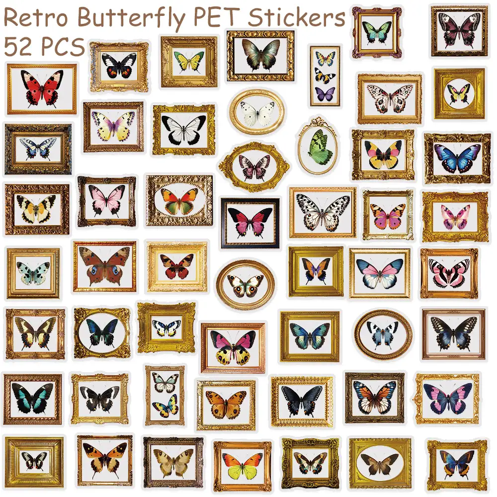 Retro Butterfly Transparent PET Stickers, 50-Piece Set