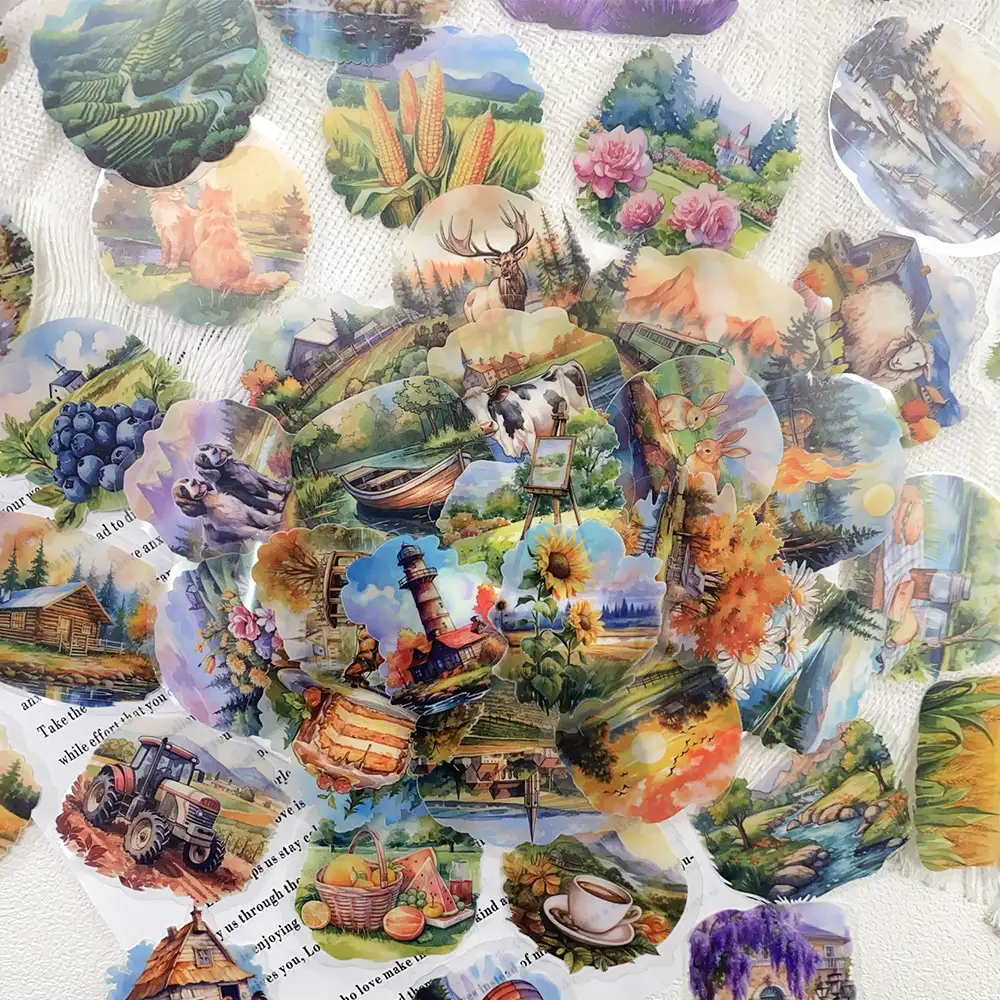 50-Piece Transparent Pastoral Oil Painting Stickers