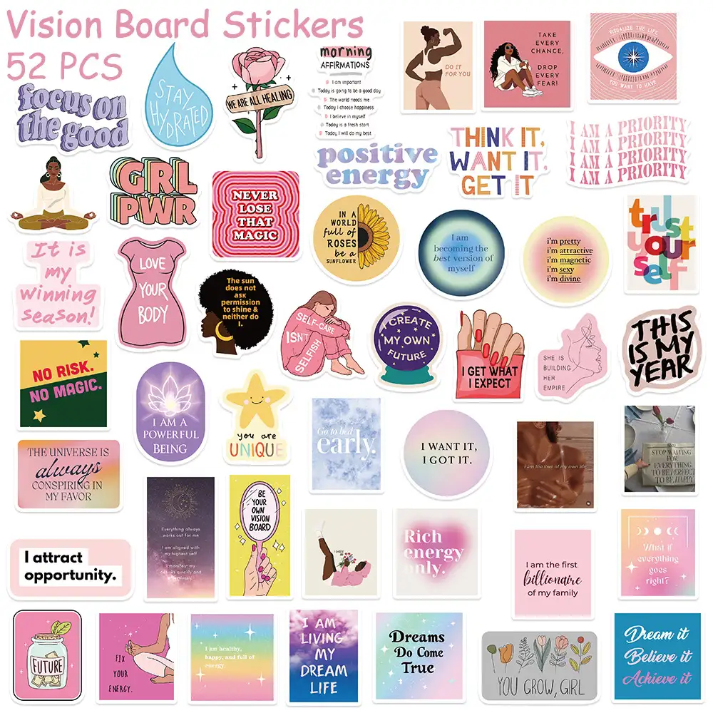 52 Waterproof Vision Board Stickers for Luggage, Notebooks and Phones