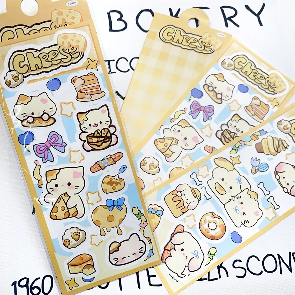 Cute Cheese Cat and Dog Stickers, 2-Pack