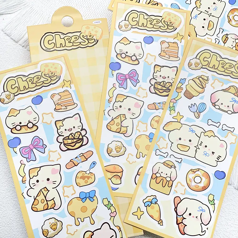 Cute Cheese Cat and Dog Stickers, 2-Pack