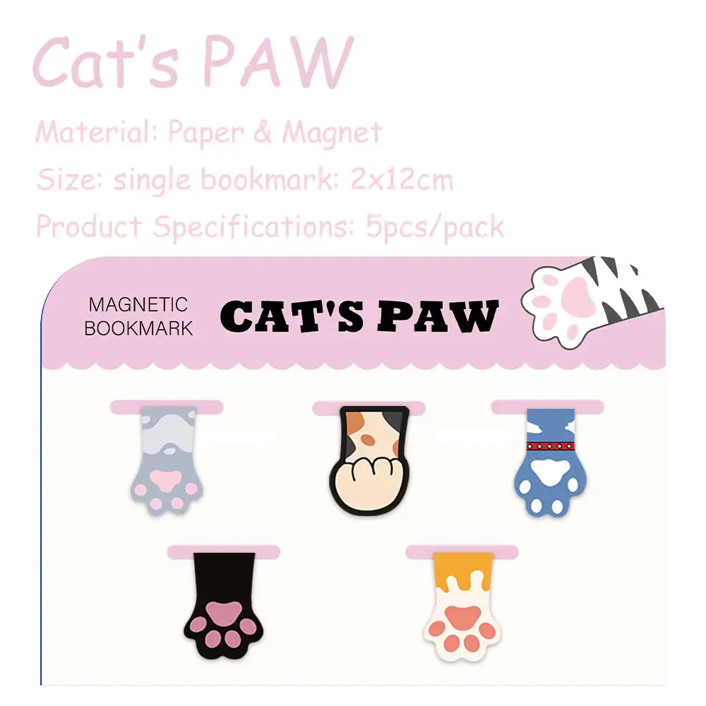 Cartoon Cat Paw Magnetic Bookmarks, 5-Pack