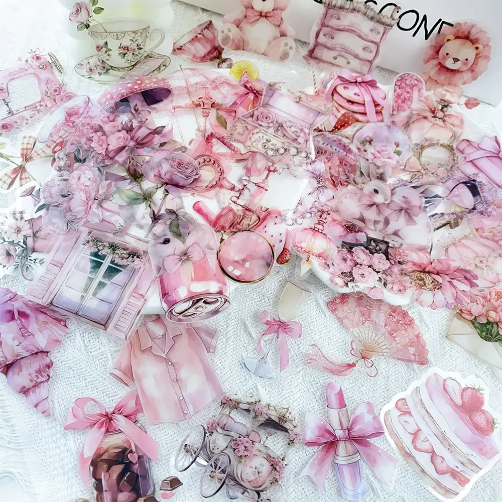 50 Pale Pink Floral Transparent PET Stickers