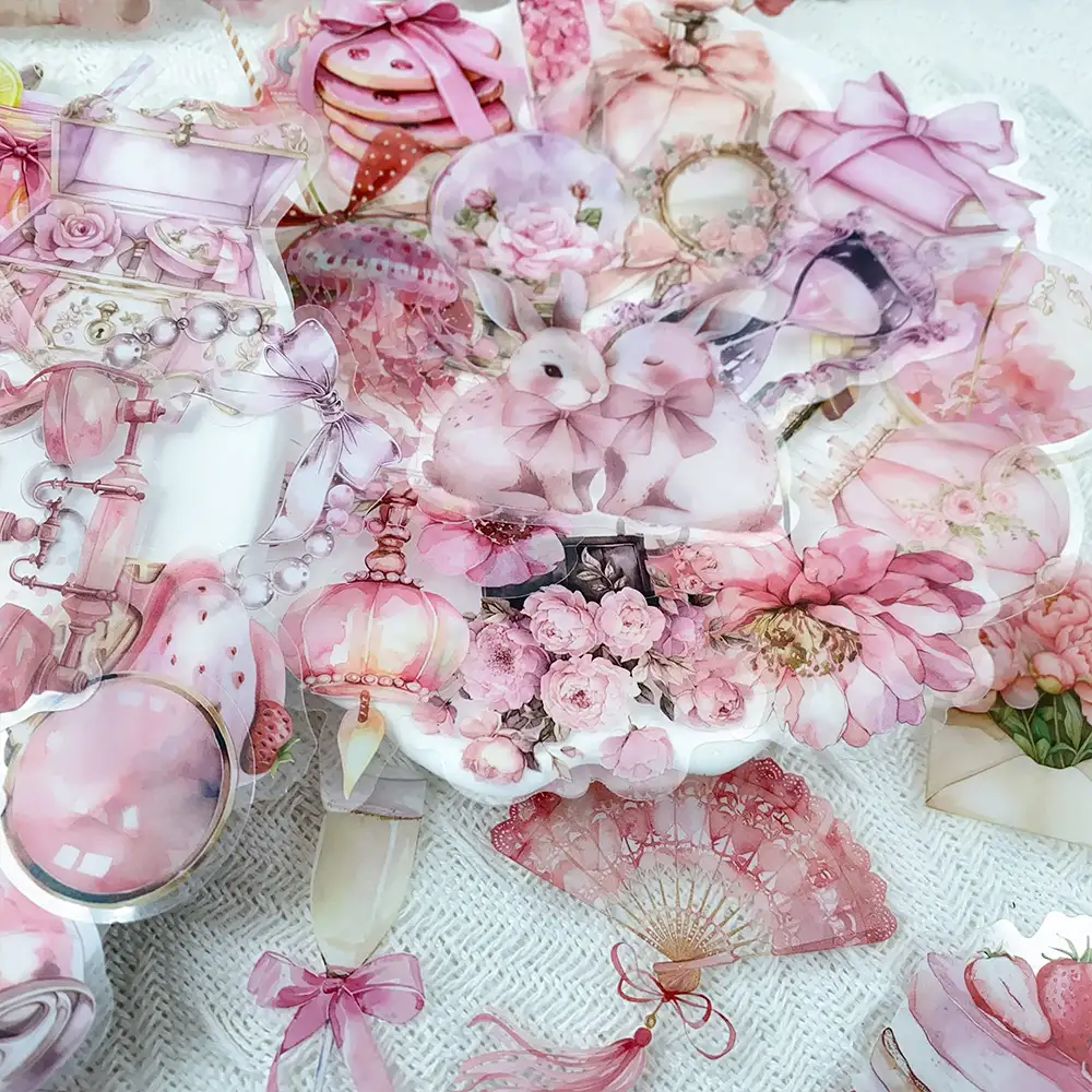 50 Pale Pink Floral Transparent PET Stickers