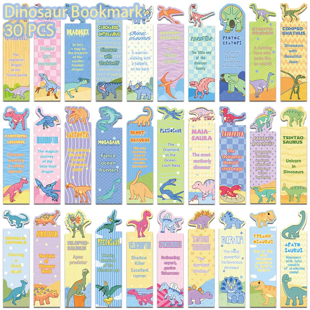 30-Pack Cartoon Dinosaur Bookmarks